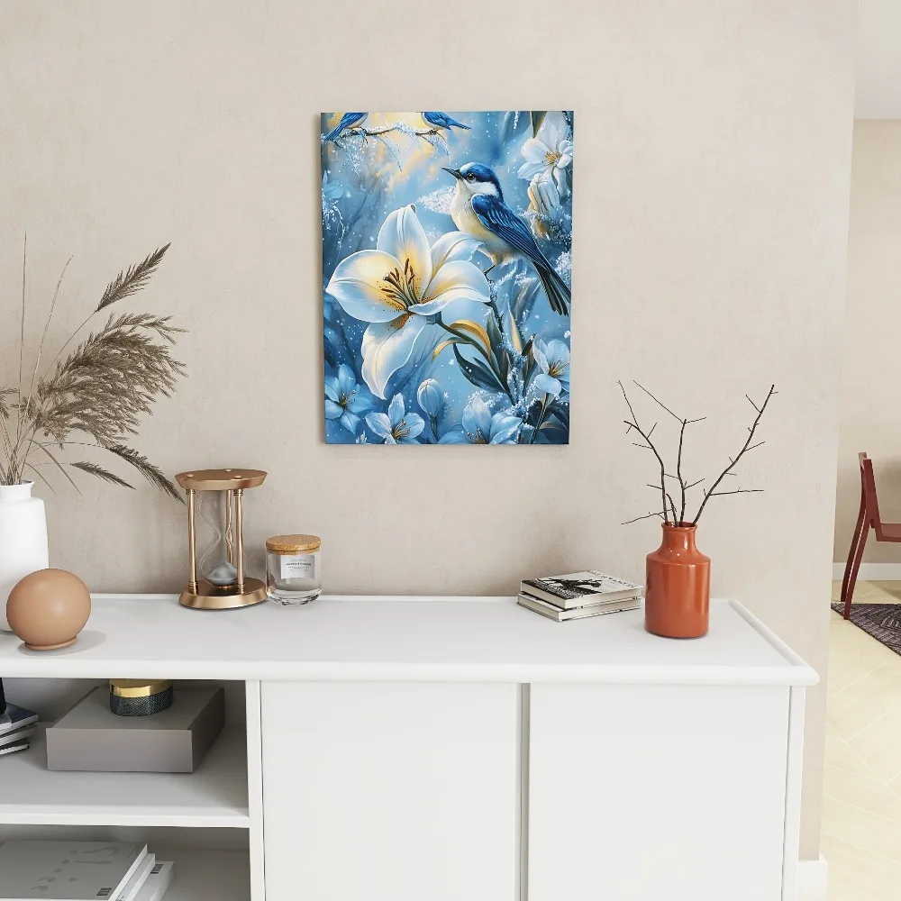 

Winter themed canvas art, white lilies and blue roses,1.5 inch thick pine frame, perfect for interior decoration
