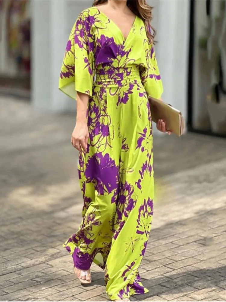 Summer New Printed Jumpsuits Women Temperament Elegant Ladies V-neck Backless Leace-up Bat Sleeve High Waist Wide Leg Jumpsuit