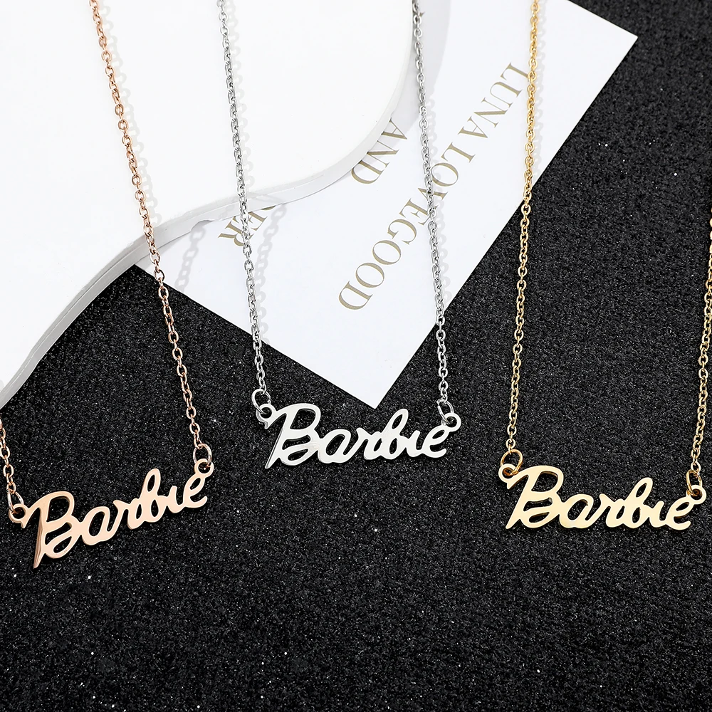 Fashion Grace Disney Barbie Letter Pendant Necklace Golden Silvery Color Trend Neck Chain for Girls Women Accessories