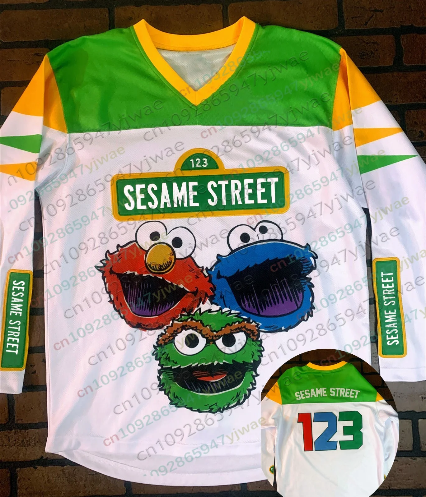 Women's Men's Sesame Street White Black Hockey Jersey Casual Long Sleeve Casual Cookie Monster T-shirt Pullovers