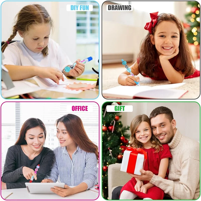 Upgraded 12 Pcs Multicolor Beadable Pens 4In1 Colored Beads Pen Retractable Ballpoint Pens For DIY Making Kit Students Children