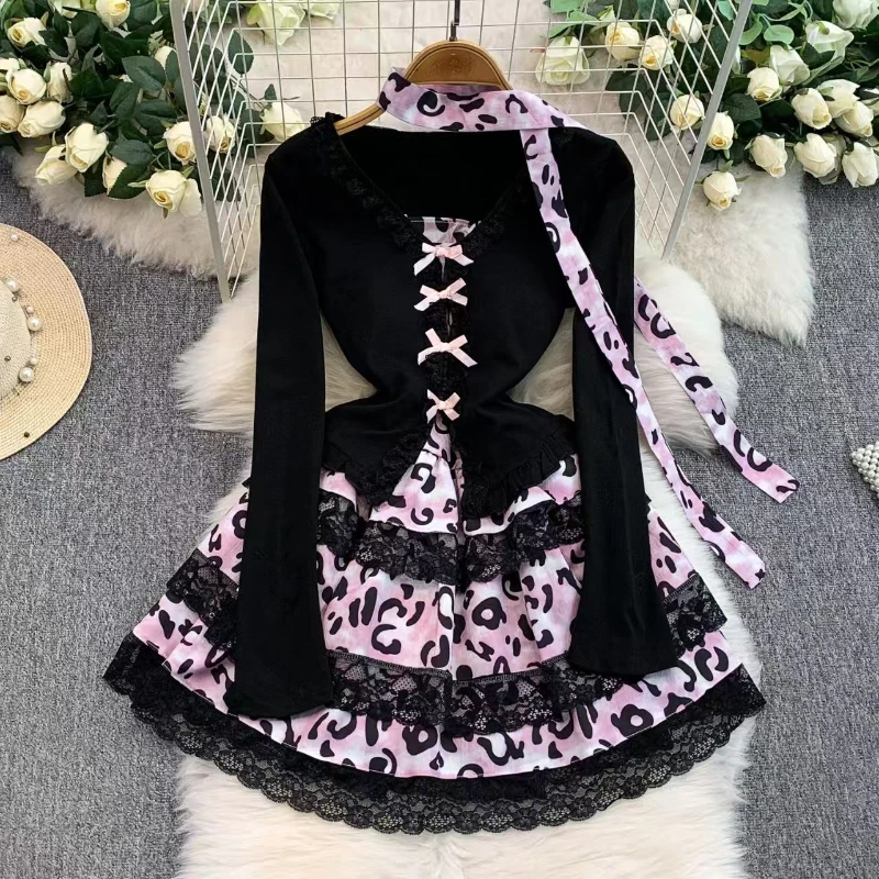 

Осенняя корейская мода Y2k Slim Fit Sweet Japanese JK Design Шикарный женский костюм с розовым бантом и леопардовым принтом Топы + комплект короткой пышной юбки