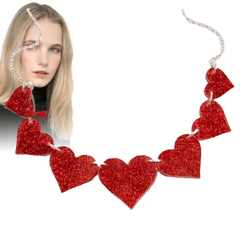 Bling Glitter Valentine's Day Jewelry Gift Long Red Acrylic Love Hearts Necklace For Women Heart Pendant Choker Necklaces