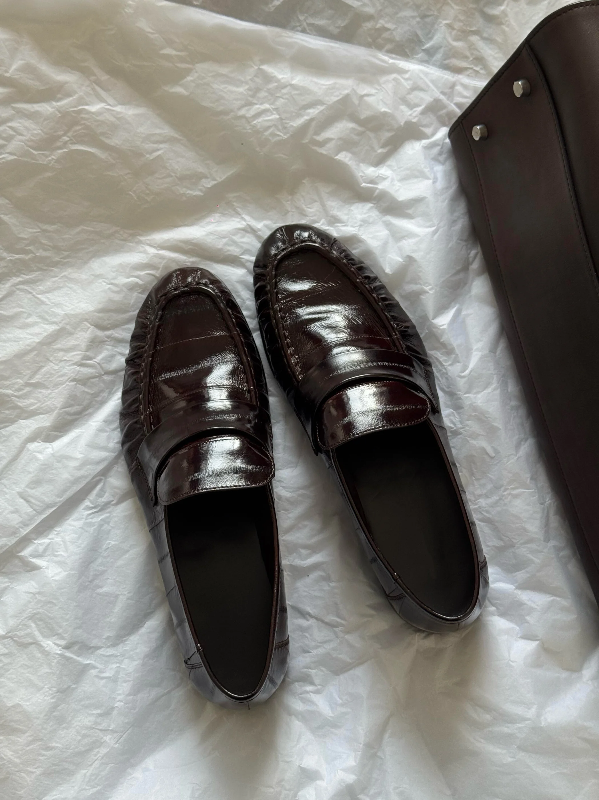 

Women's Brown Patent Leather Crocodile Embossed Penny Loafers Fashionable Slip On Shoes Classic and Sophisticated Footwear