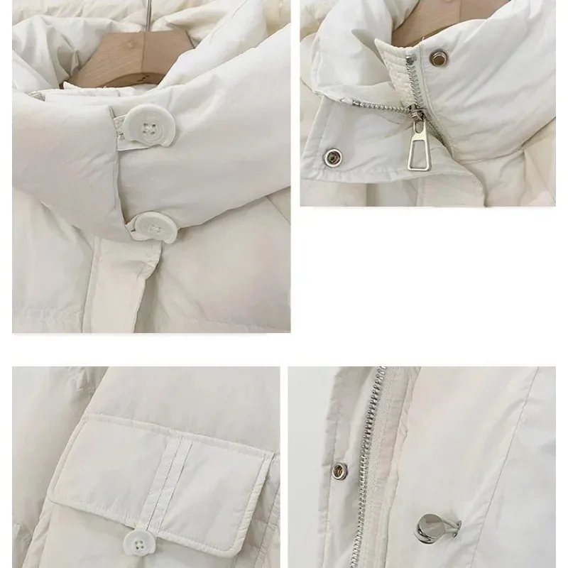 Jaqueta de pato branco para mulheres, Parkas de comprimento médio, casaco solto, casaco com capuz, sobretudo, outwear grosso e quente, inverno, 2024