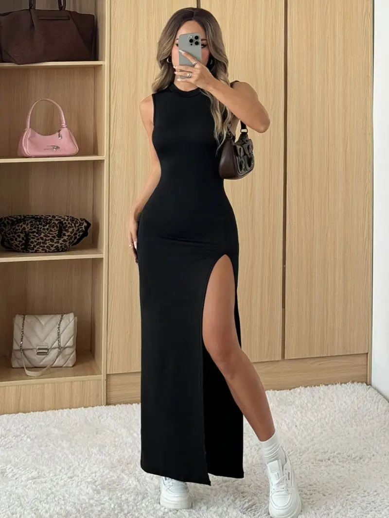Casual Long Women's Dress Round Neck Vest Tight Fitting Waist High Slit Temperament Skirt for Women