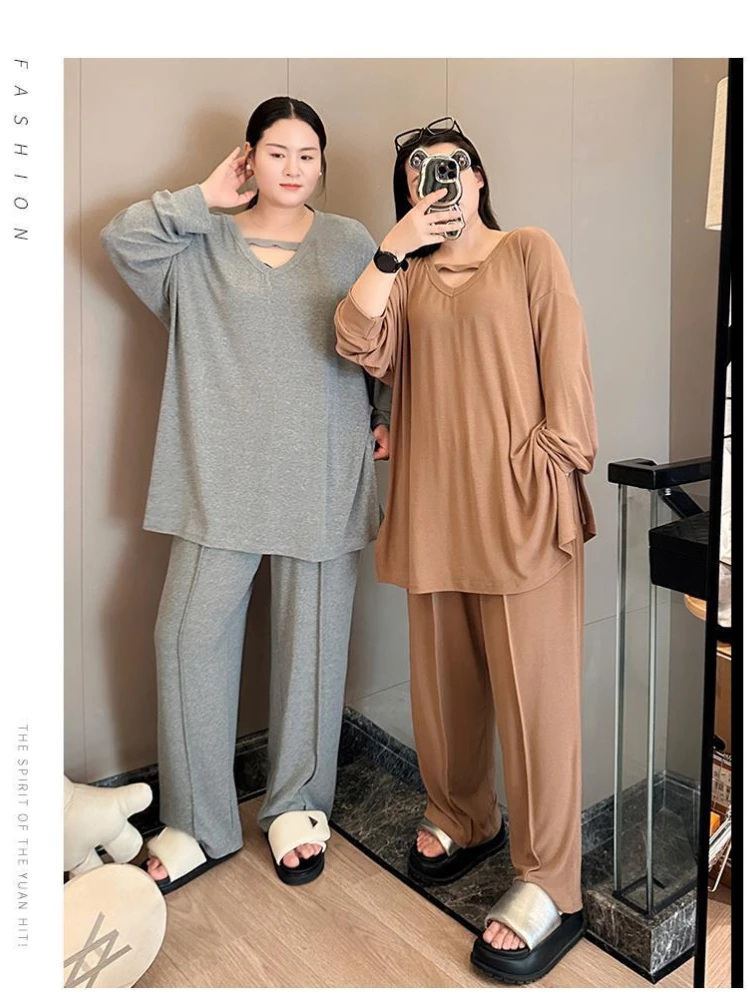 150KG Extra Large Size Loose Pajamas Women Solid Long-sleeved V-neck Two-piece Set Spring Casual Loungewear Can Be Worn Outside