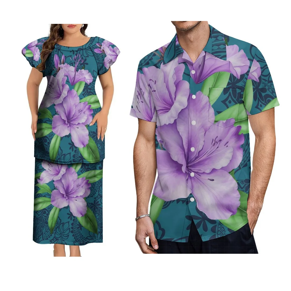 Abito da sera per coppia Pletasi polinesiano stile coppia girocollo Abito da sera da donna personalizzato Abito da coppia samoano Camicia da uomo