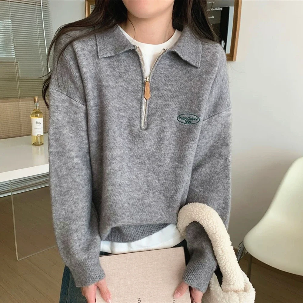 Half Zipper POLO Neck Sweaters Women Girls Vintage Preppy Sweatshirt Jumper Gray Khaki Loose Long Sleeve Pullover Korean Fashion