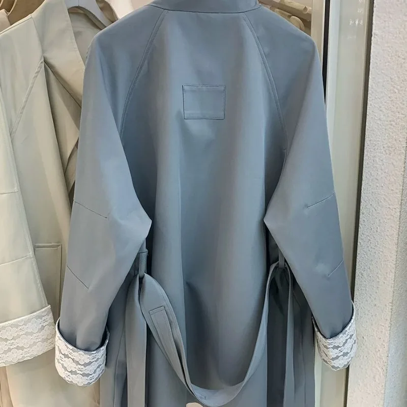 Blouse Coat Trench Coat Women's Spring/Fall Rolled Sleeves Patchwork Stand Collar Mid-Length Loose Fit Tie Detail Waist Cinching