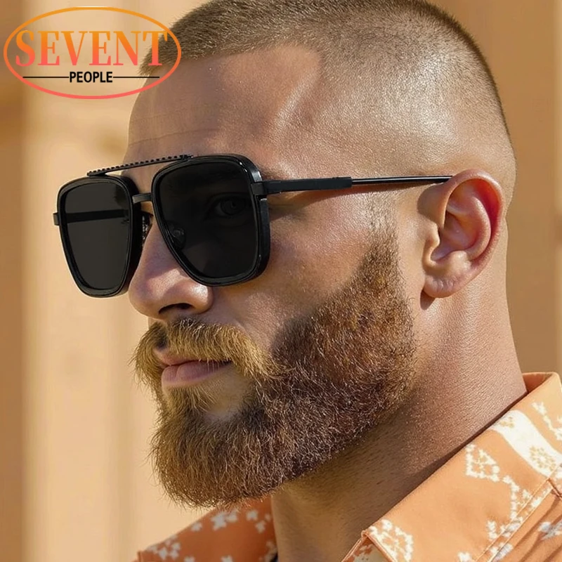 

Vintage Steampunk Square Sunglasses Men 2025 Luxury Brand Trendy Metal Double Beam Sun Glasses For Male Classic Driving Shades