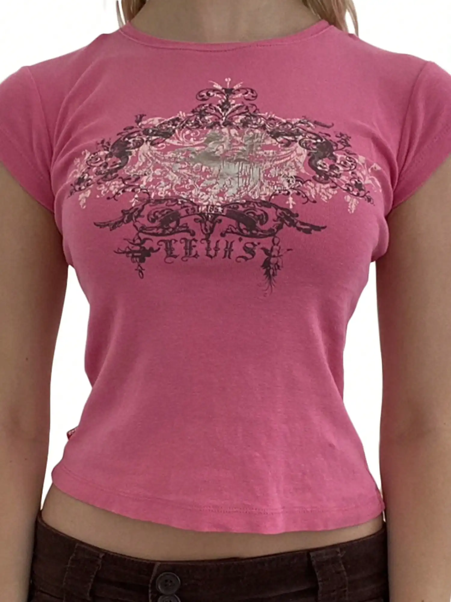 Women's Pink Crop Top with Ornate Floral Graphic Print, Slim Fit Round Neck Short Sleeve Tee