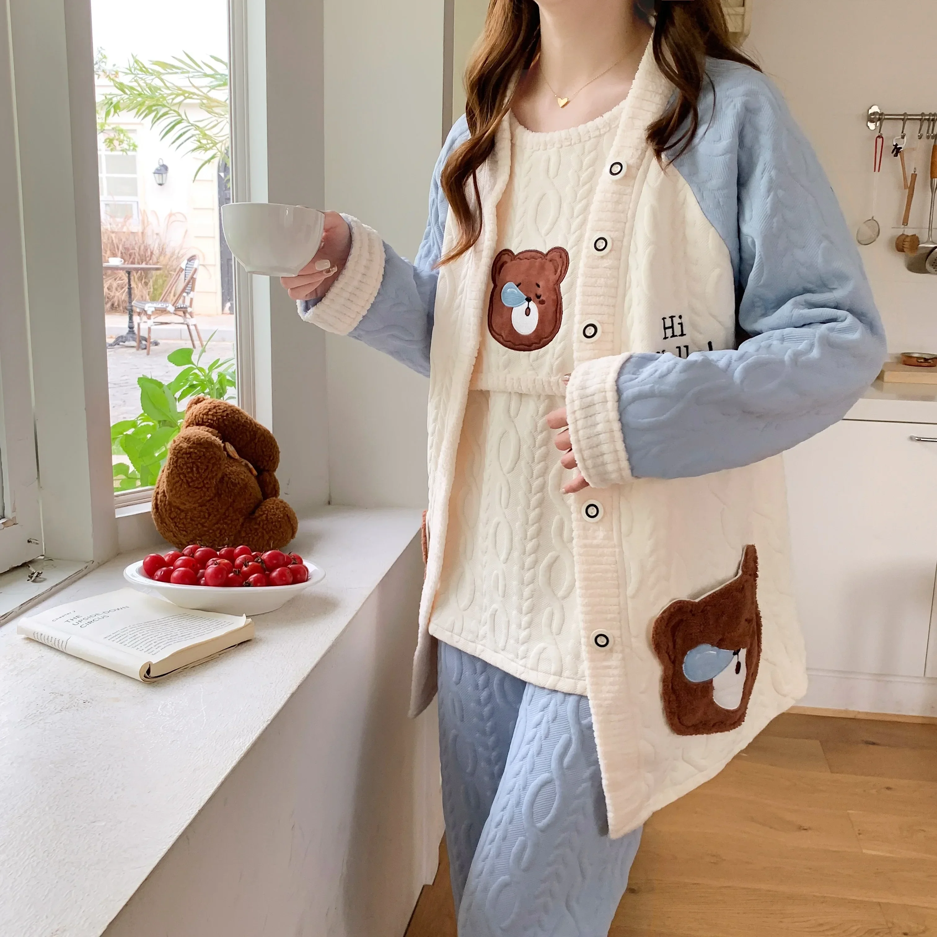 3pcs Sets Autumn Winter Warm Cotton Padded Maternity Nursing Sleepwear Breastfeeding Pajamas Pregnancy Home Lounge Hospital Wear