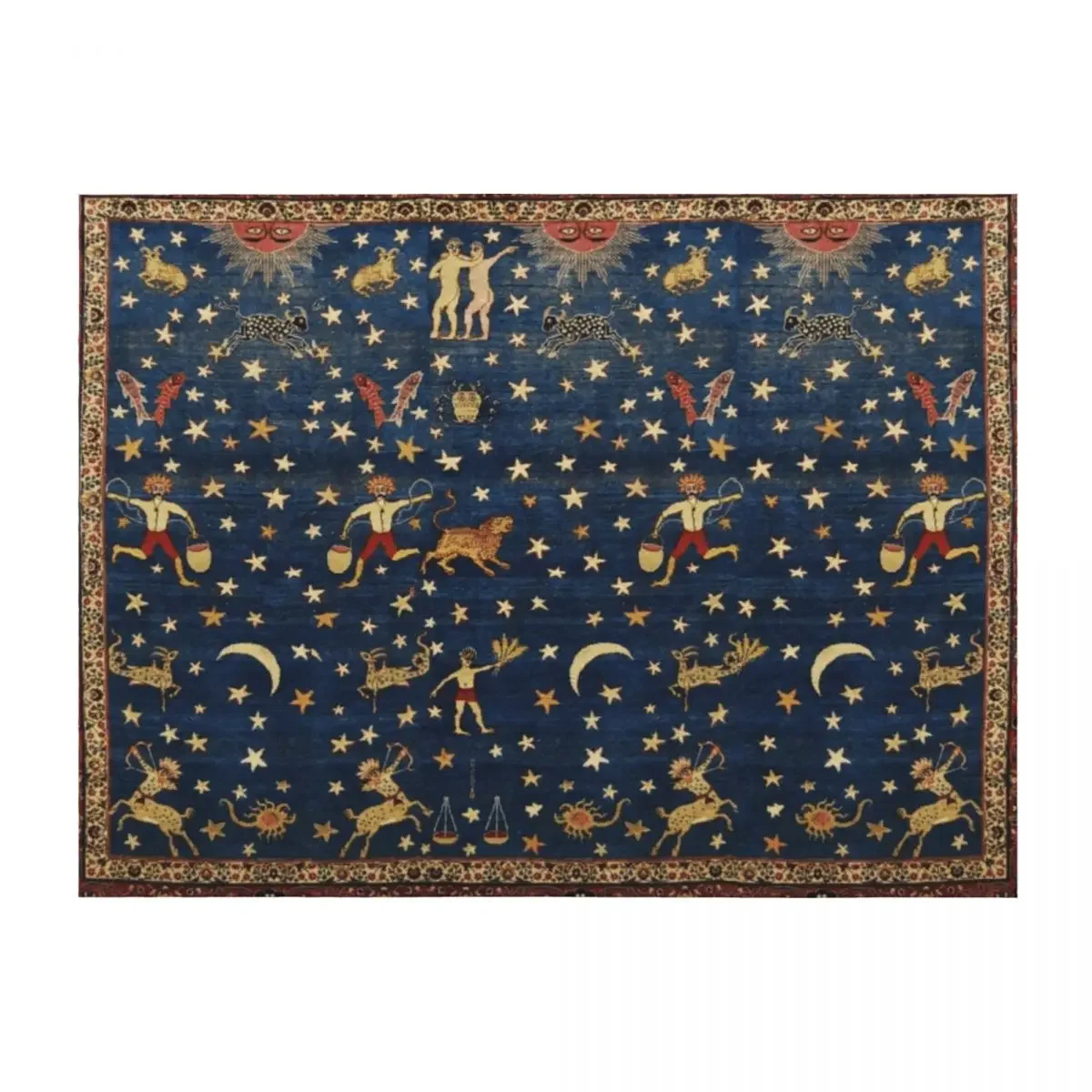 

ANTIQUE PERSIAN CARPET WITH ZODIACAL SIGNS,STARS IN BLUE SKY Throw Blanket Bed linens Vintage decorative Blankets