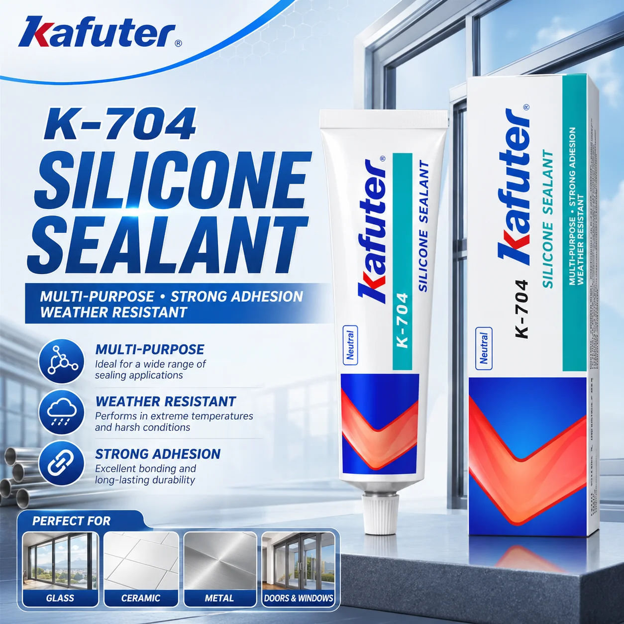 Image of Kafuter K-704 Silikon-Dichtmittel Neutralhärtender Klebstoff Wasserdichter RTV-Silikonkleber für Glas Metall Keramik Abdichtung