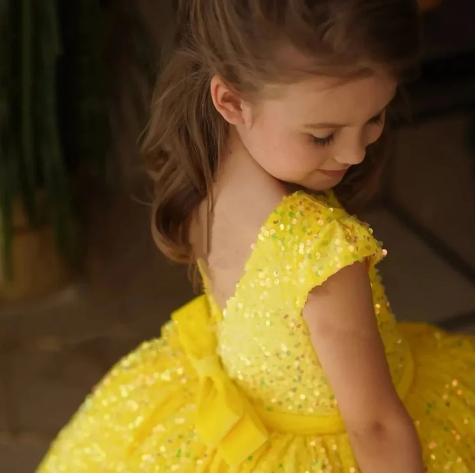 Vestidos de flores con lentejuelas brillantes para niñas, vestido de baile amarillo, vestido de fiesta de cumpleaños para niños, vestidos de graduación con mangas cortas