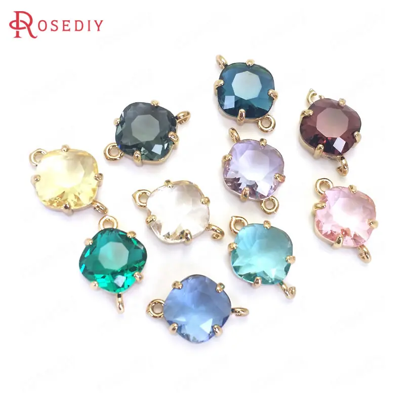 

10PCS 17x11MM 18K Gold Color Brass and Glass 2 Holes Square Connect Charms Pendants High Quality Jewelry Diy Accessories