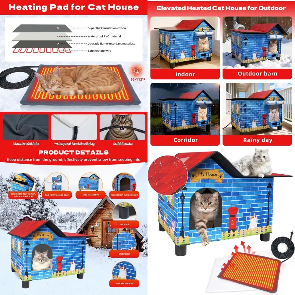 

Всепогодное укрытие для кошек на открытом воздухе с грелками, простая сборка, приподнятое основание и аварийный выход для бродячих кошек в холодную погоду