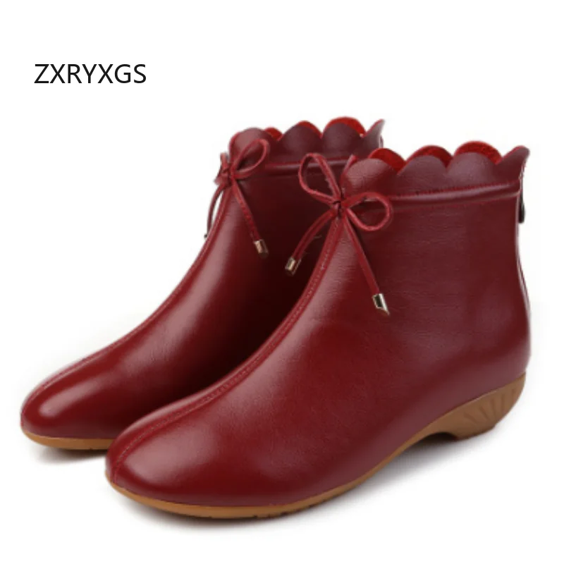 

ZXRYXGS Top Layer Cowhide Bow Low Heel Women Fashion Boots 2025 Winter Warm Cotton Shoes Women Winter Boots Elegant Ankle Boots
