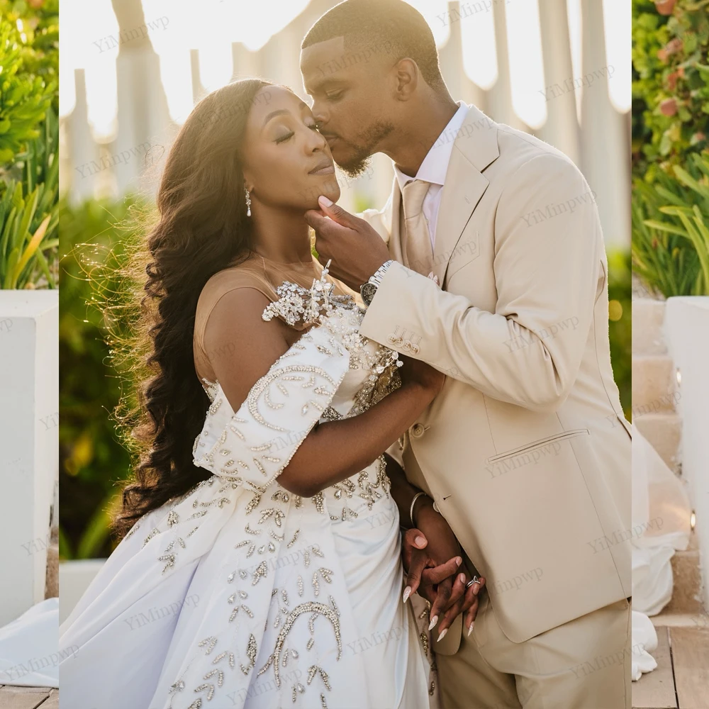 فستان زفاف أنيق بكريستال Aso Ebi برقبة دائرية 2 في 1 ذيل العروس بدون أكتاف حورية البحر مزين بفتحة من الساتان سويب تراين #5