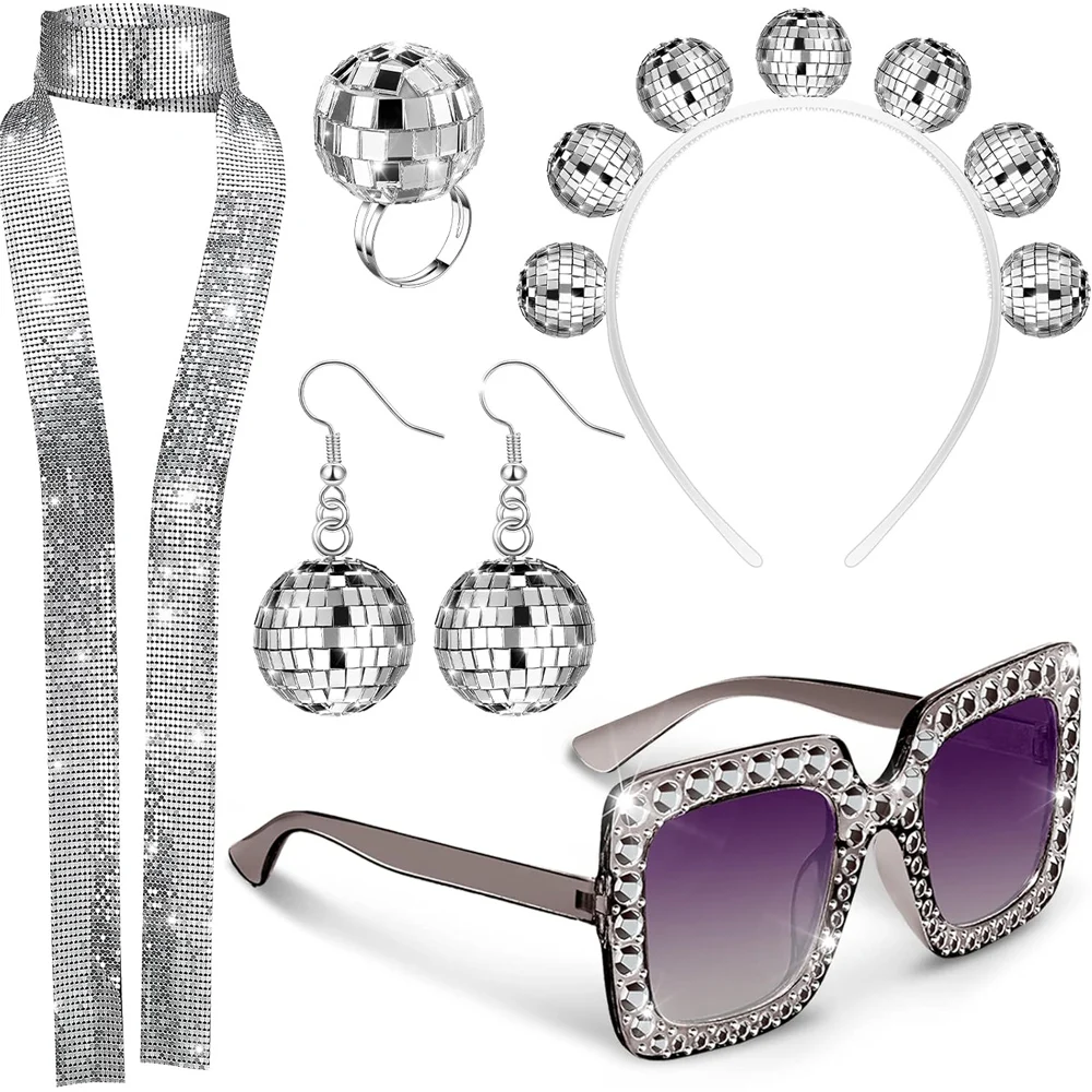 1970s Disco Accessories Women Costume Disco Set Disco Ball Earrings Headband Ring and Sunglasses and Other Accessories