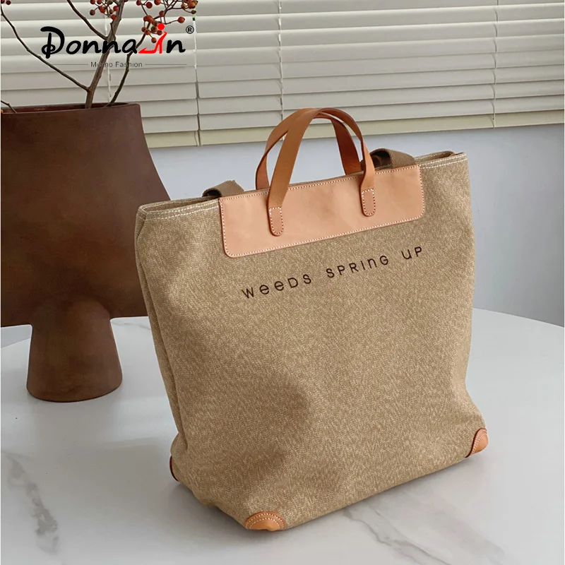 

Donnain Vegetable Tanning Cow Leather Tote Bag Salt Pepper Canvas Commute Shoulder Handbag Large Capacity Casual Minimalist