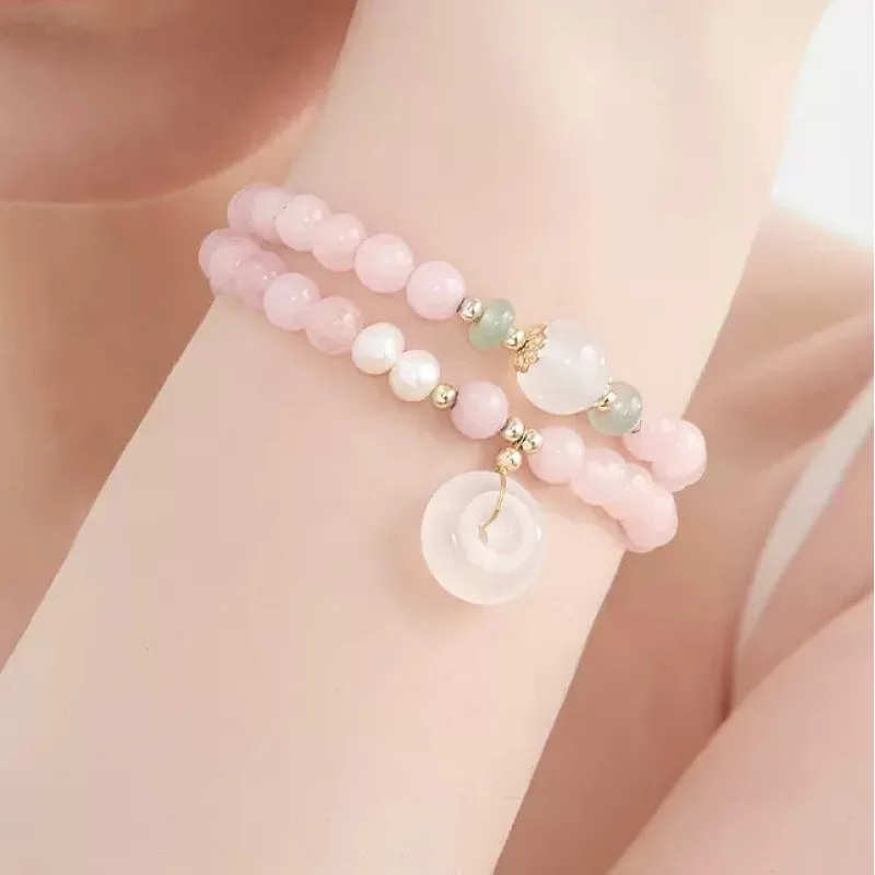 

Minar Sweet Double Layered Pink Color Crystal Natural Stone Peace Buckle Pendant Beaded Strand Bracelets for Women Birthday Gift