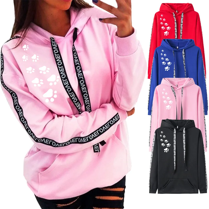 

Claw Pattern Print Loose Sport Hooded Pullover Fashion Drawstring Women Casual Long Sleeve Sweatshirt Tops Spring And Autmum