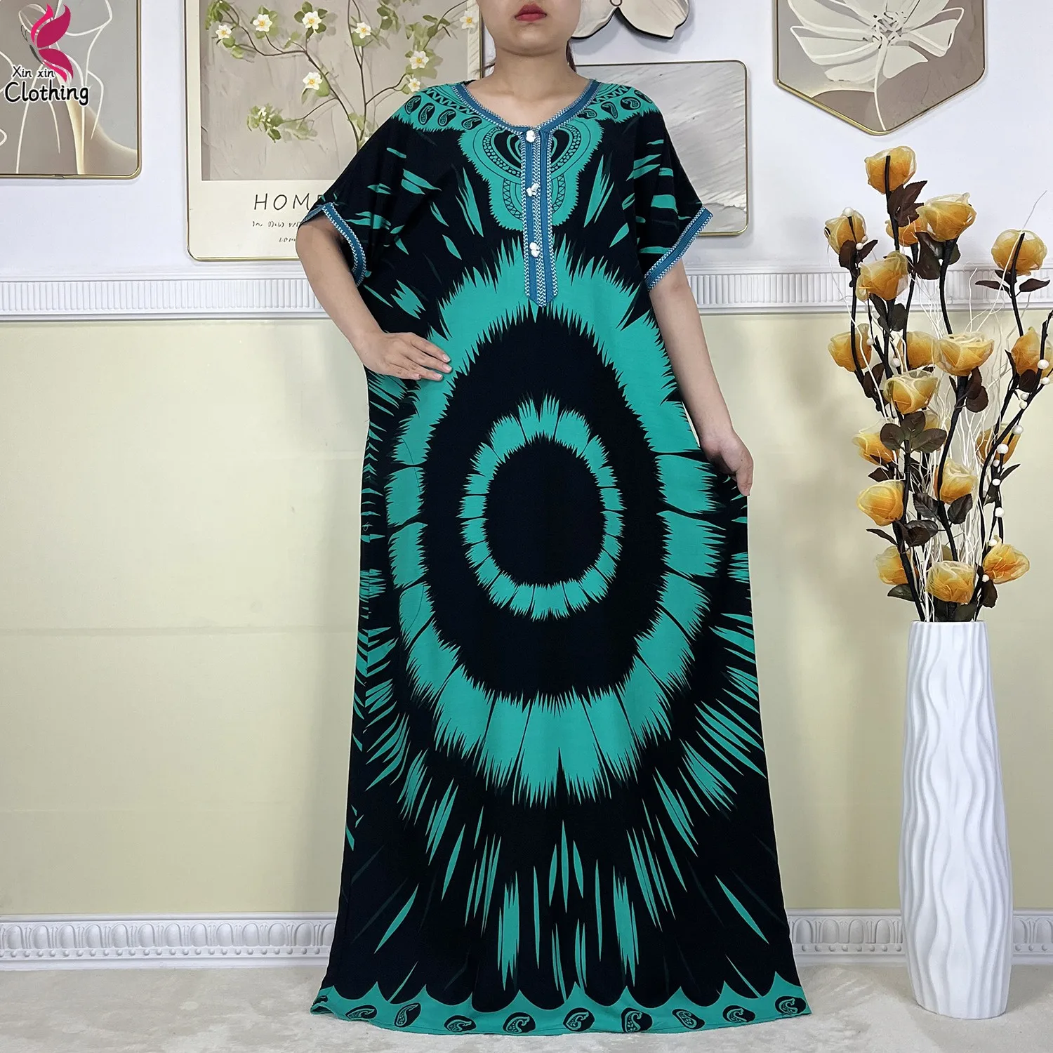 New Dubai Muslim Cotton Dress Women Short Sleeve Dashiki Loose Maxi Robe Fashion Printing Floral Femme African Abaya Clothing