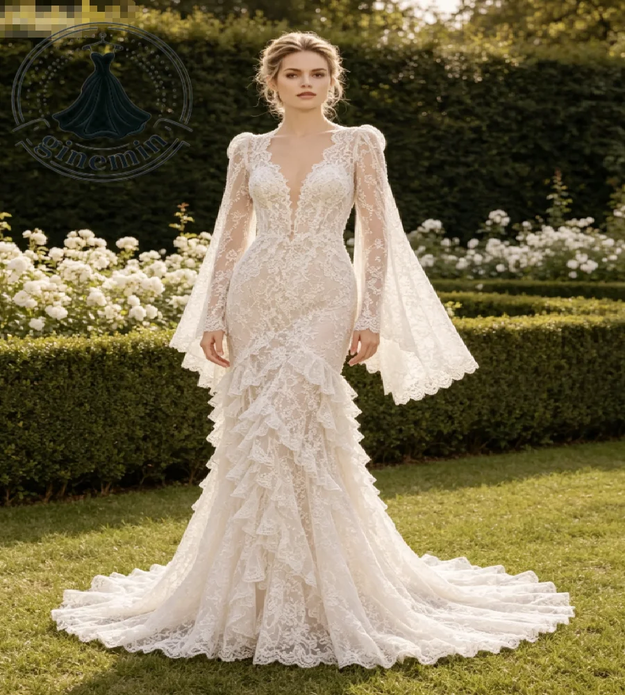Boho Garden Mermaid Wedding Dress V Neck Bell Flare Sleeves Full Lace Tiered Ruffled Celtic Bohemian Bridal Gown Keyhole Back