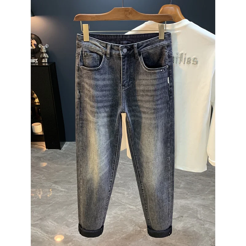 2025 خريف جديد الراقية الدخان الرمادي الجينز الرجال العلامة التجارية العصرية مرونة فضفاضة تظهر رقيقة مستقيم أنبوب السراويل الطويلة