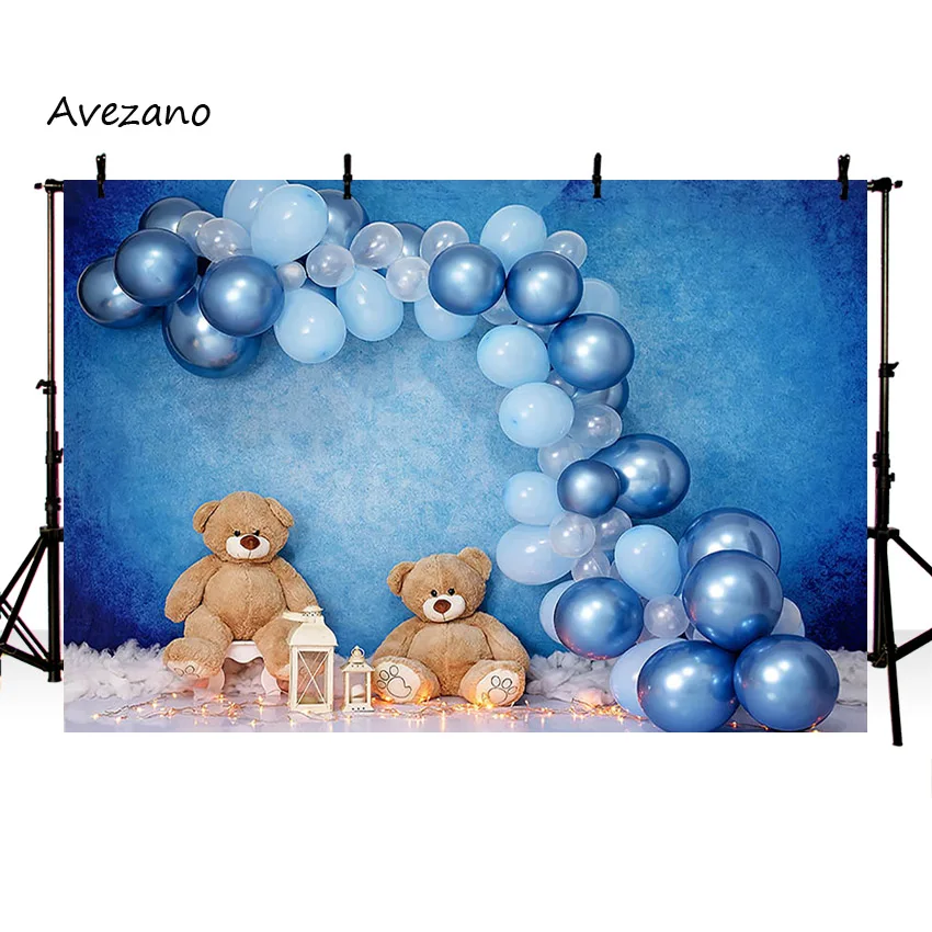 Avezano fundo fotografia azul balão brinquedo urso recém-nascido menino aniversário retrato bolo esmagar pano de fundo decoração photozone para 1 ano