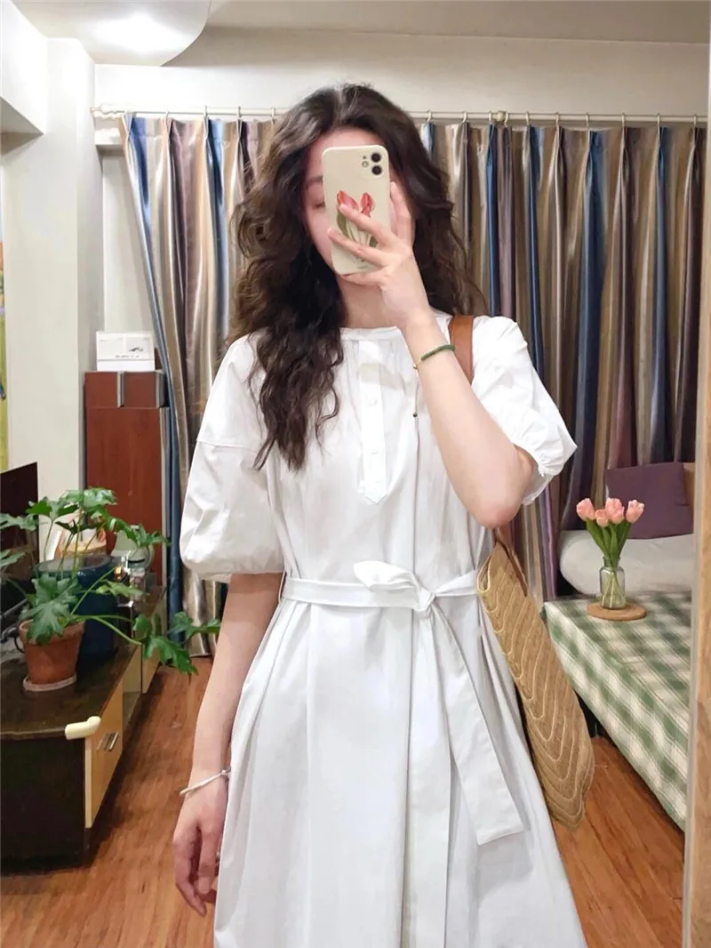 Lace-up Tunic Vestidos Mujer Short Sleeve Dress Temperament Vestido Elegant 2024 Woman Dresses Summer New Shirts Robes