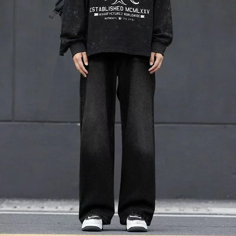 American High Street Jeans Men Loose Straight Leg Gradient Wash Denim Pants Autumn Winter Trendy Casual Trousers