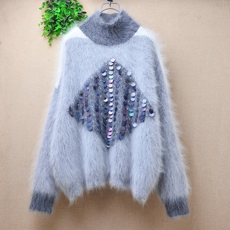 Women Mujer Autumn Winter Clothing Colored Hairy Angora Rabbit Hair Knitted Long Sleeves Loose Pullover Sweater Jumper Pull Tops