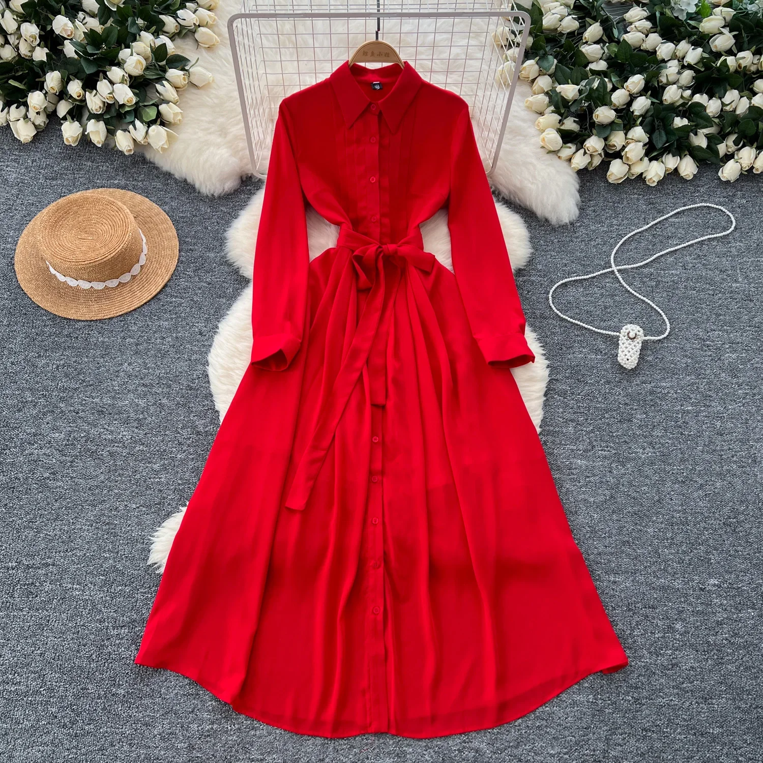 French Vintage Elegant  Long Sleeve Single Breasted Lapel Dress A-line Casual Women Fashion Autumn Spring Vestidos