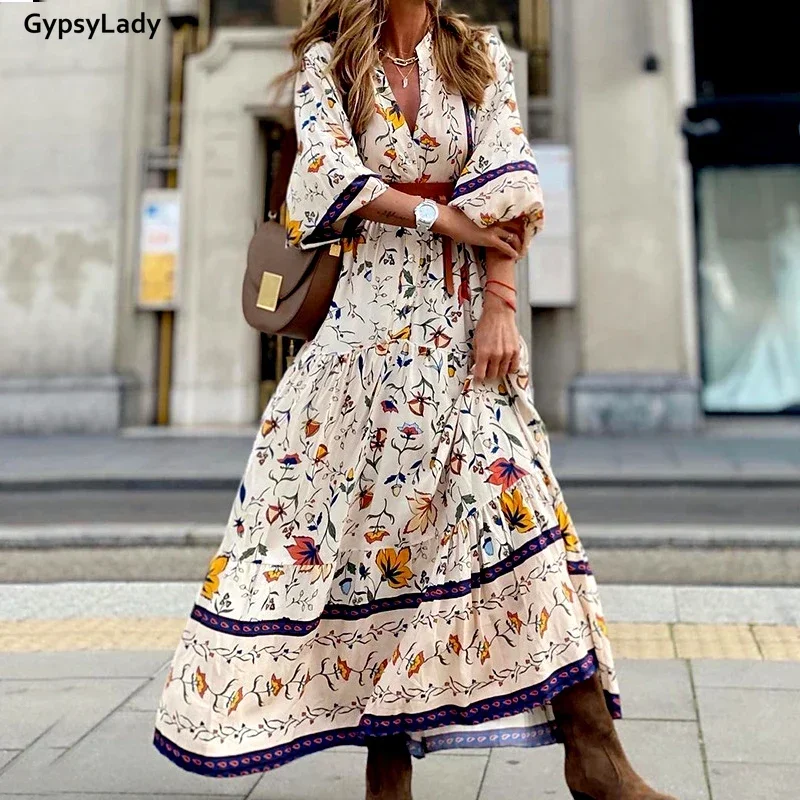 GypsyLady Vinatege Floral Print Maxi Dress Long Lantern Sleeve Holiday Women Dress Deep V Sexy Ruffles Ladies Beach Dress new