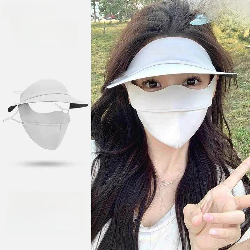 

UV Protection Face Mask Women Summer Cycling Ice Silk Breathable Black Glue Cap Integrated Full Face Covering SC