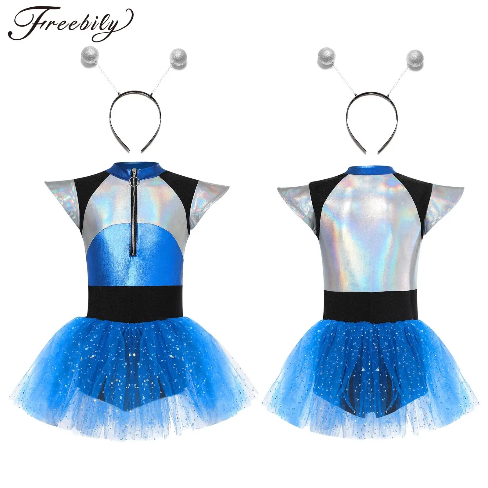 Kids Girls Halloween Alien Cosplay Costume Short Sleeve Sequin Tutu Mesh Leotard Dress Carnival Theme Party Performance Dress Up