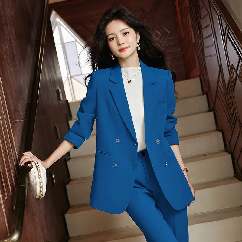 

Women's Fall/Winter Retro Casual Cropped Blazer Wide-leg Pants Set Commuter Solid Double-breasted Blazer Trousers Two-piece Set