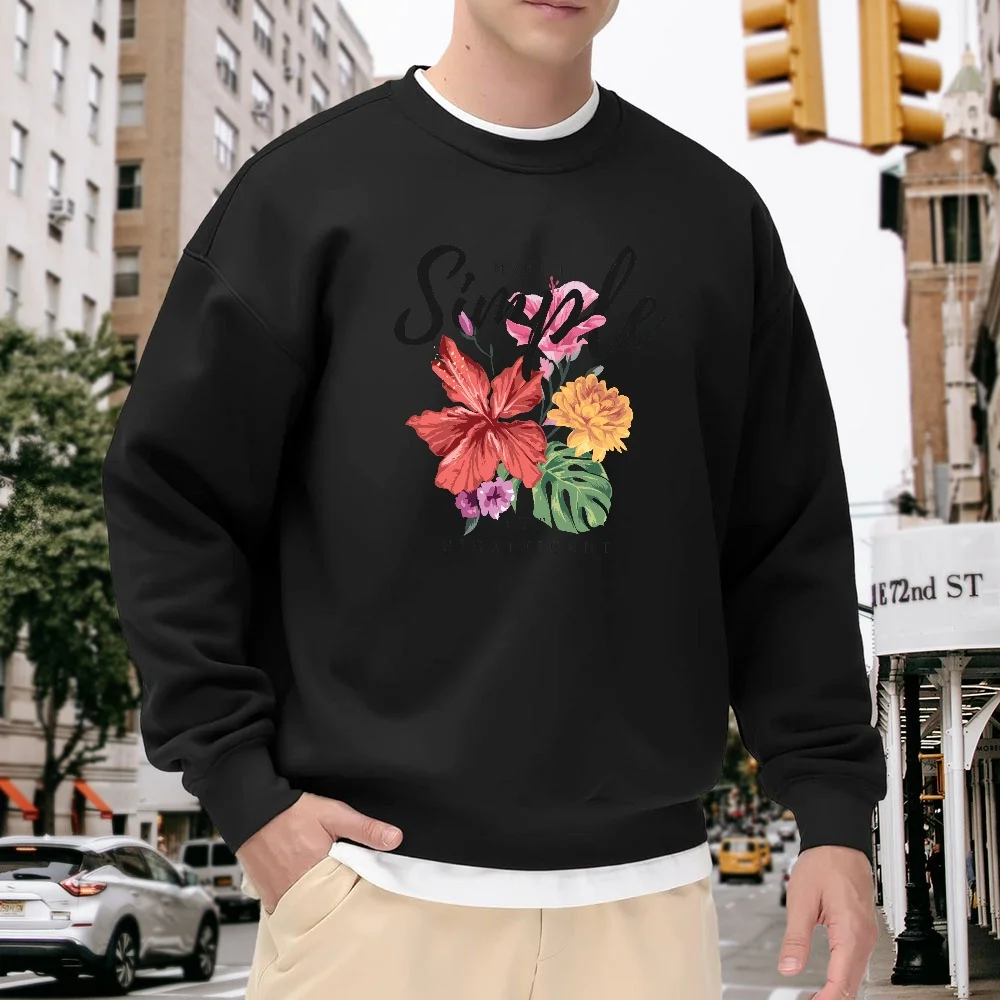 

Men's Black Crew Neck Loose Sweatshirt with Tropical Floral Letter Print, Casual Street Style Top, Versatile Trendy Item for Everyday Wear, Comfortable, Soft, and Skin-Friendly