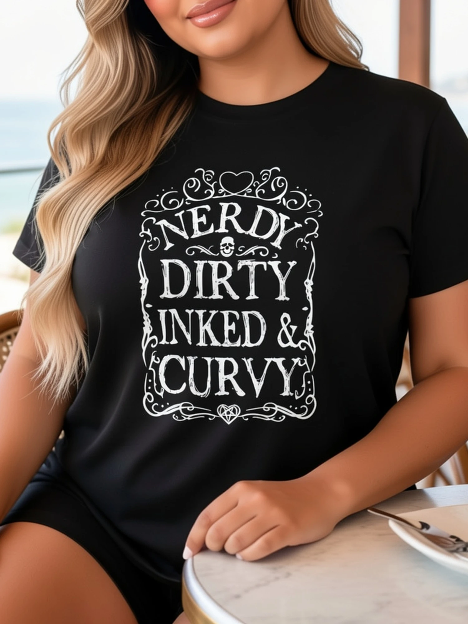 Plus Size, NERDY DIRTY INKED CURVY Graphic Print Plus Size Women's T-shirt, Short Sleeve Crew Neck Casual Top for Summer & Spring, Women's Clothing