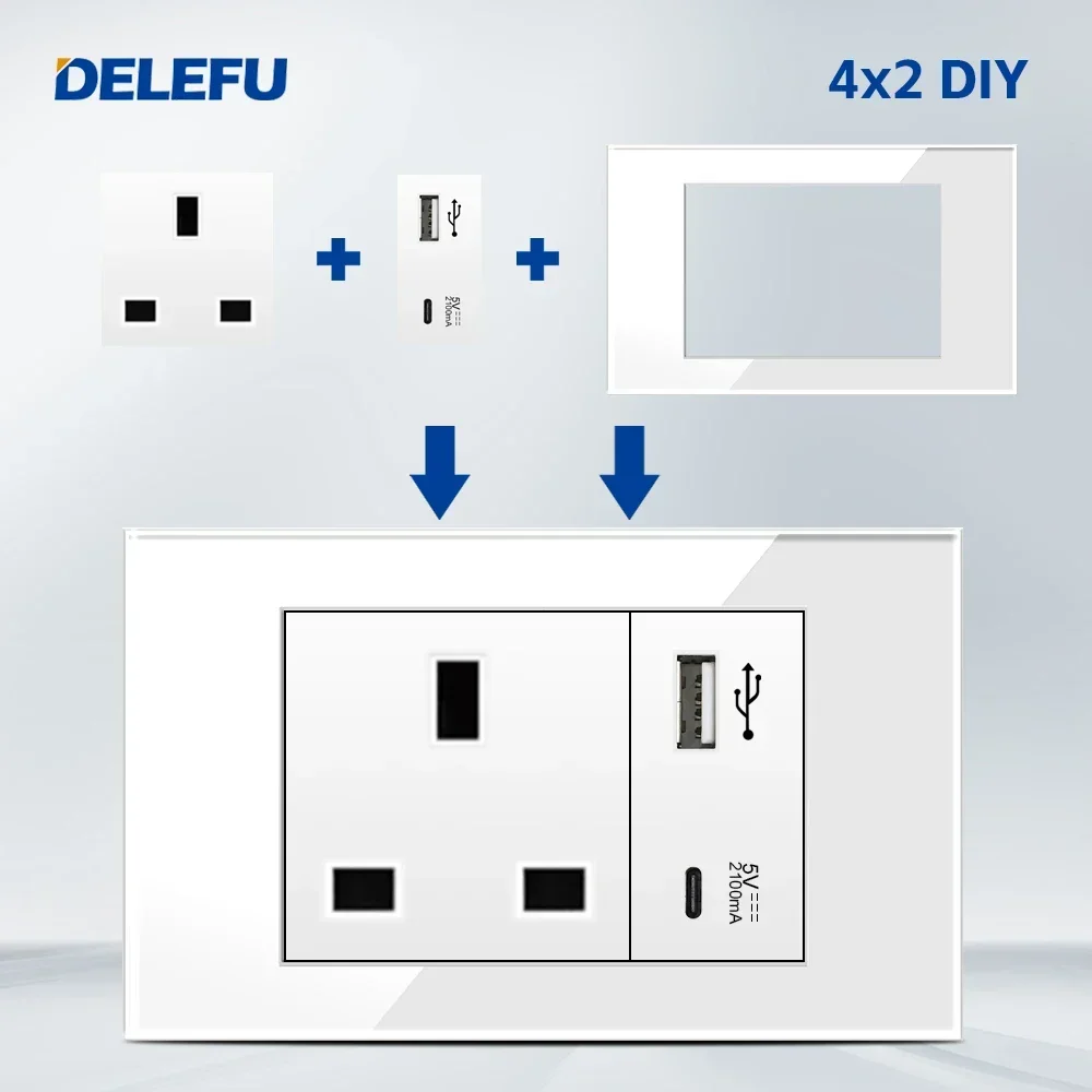 DELEFU English, Multi-functional Free Combination Computer USB Type C Wall Socket DIY White