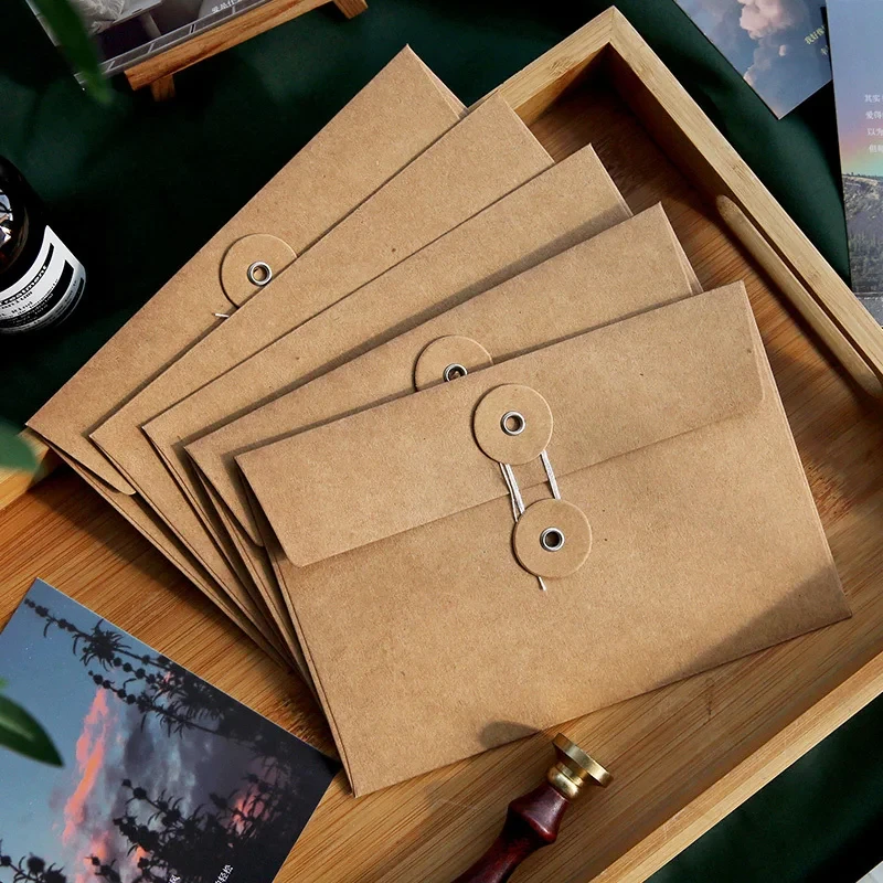 

10Pcs Vintage Brown Kraft Paper Envelopes with Button String Tie Greeting Cards Postcards Letter Pads Cover Stationery Office