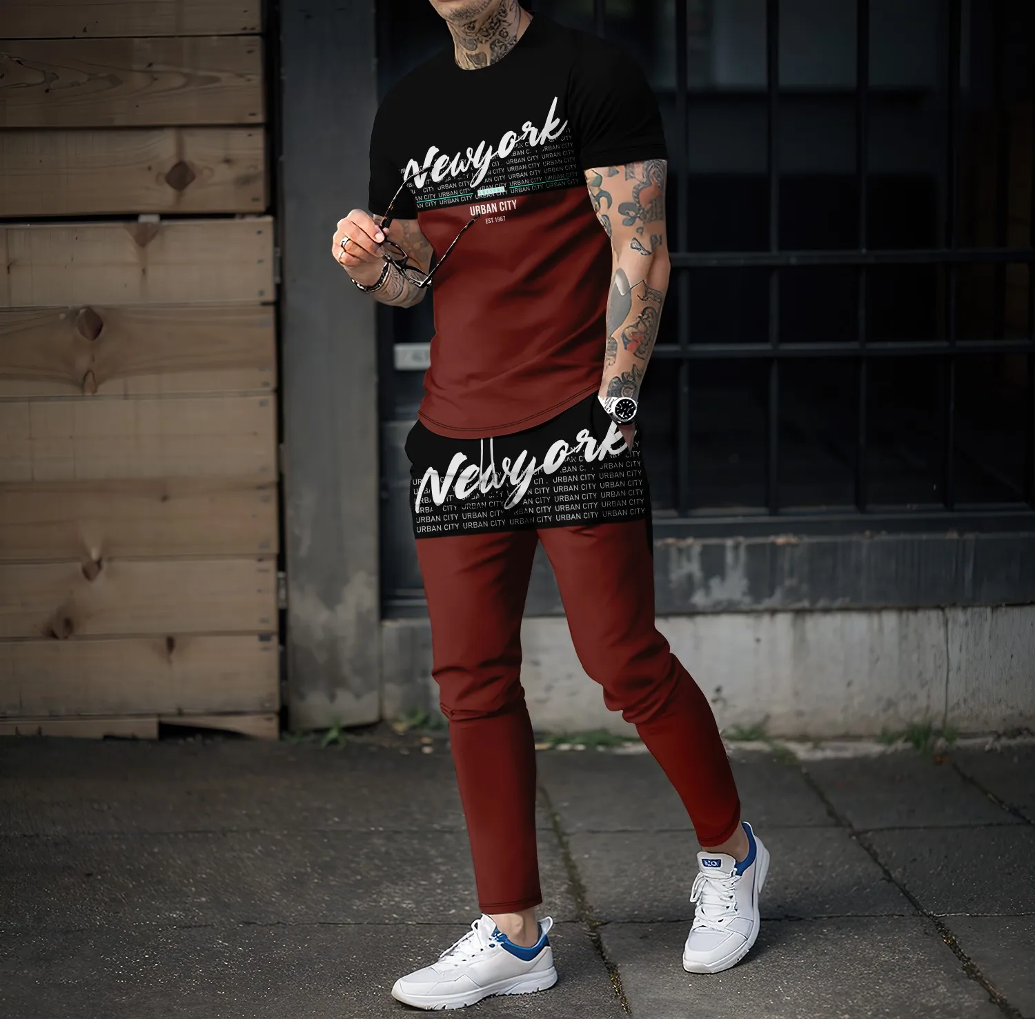 New men\'s polyester casual3Dletter printed patchwork T-shirt elastic waist long pants set short sleeved street style 2-piece set