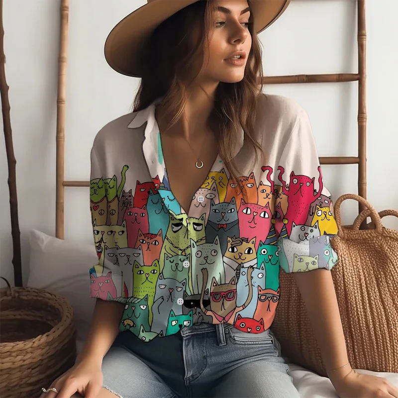

European and American New Women's Shirts Many Cats 3D Digital Printing Anime Cute Style Fashionable Women's Shirts