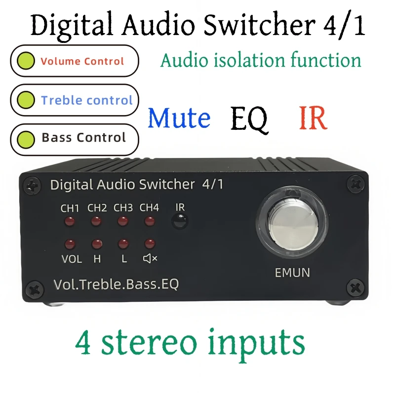 

Analog Audio Switcher 4-in-1 Out Stereo Audio Selector with IR Remote, Bass/Treble Controls & EQ Sound Effects Selection