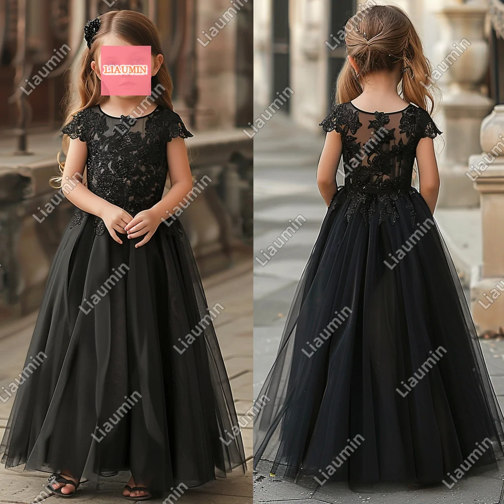 

Classic Black Flower Girl Dresses Cap Sleeve Tulle Princess Lace Applique First Communion Formal Pageant SKirt Kids W17-4.2