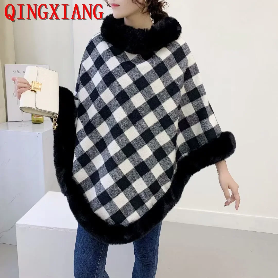 

6 Colors Autumn Faux Rabbit Fur Neck Loose Pullover Winter Women Cashmere Poncho Knitted Plaid Shawl Cape Out Streetwear Coat