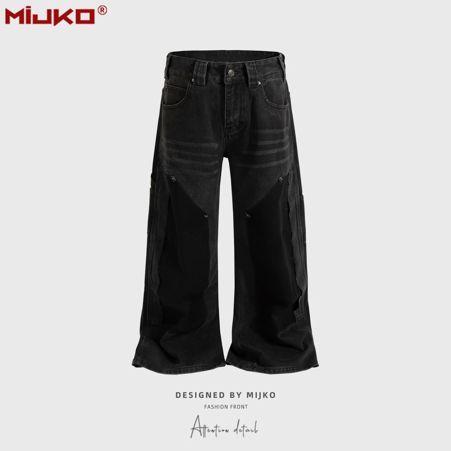 

MIJKO Patchwork Design Jeans Unisex Wide Leg Faded High Street Black Jeans G6919
